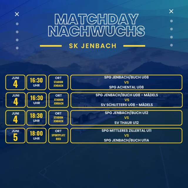 🔵🟡 Matchday Nachwuchs 🟡🔵

Hier ist die Übersicht über die anstehenden Partien unserer Mannschaften. Wir wünschen unseren Teams viel Erfolg und drücken ihnen die Daumen für spannende und erfolgreiche Spiele!

#NachwuchsPower #Spieltage #Erfolg #Teamgeist #SKJenbach #FußballFever #BlauGelbeUnterstützung #jenbach #skj #wirsindskj #gemeinsamblaugelb #fußball #tirol #matchday #jenbach #buch #nextgen