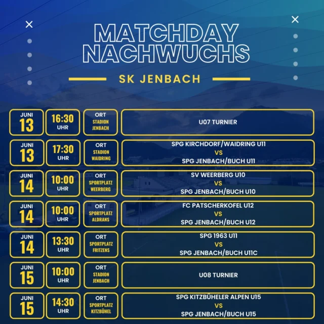🔵🟡 Matchday Nachwuchs 🟡🔵

Hier ist die Übersicht über die anstehenden Partien unserer Mannschaften. Wir wünschen unseren Teams viel Erfolg und drücken ihnen die Daumen für spannende und erfolgreiche Spiele!

#NachwuchsPower #Spieltage #Erfolg #Teamgeist #SKJenbach #FußballFever #BlauGelbeUnterstützung #jenbach #skj #wirsindskj #gemeinsamblaugelb #fußball #tirol #matchday #jenbach #buch #nextgen
