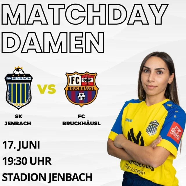 Unsere Damen bestreiten nach der Spielabsage am Sonntag, nun am Dienstag ihr letztes Heimspiel. Dabei treffen Sie auf die Mannschaft vom FC Bruckhäusl.

Überblick:

📅 Datum: 17. Juni
⏰ Anstoß: 19:30 Uhr
📍 Ort: Stadion Jenbach

Kommt vorbei und unterstützt unser Team vor Ort – gemeinsam für Blau-Gelb! 💪

#SKJenbach #heimspiel #TeamSpirit #BlauGelbPower #FanSupport #gemeinsamblaugelb #jenbach #tirol #heimspiel #blau #gelb #skj #wirsindskj #fussball #soccer #frauenpower #mairlandesliga #fcbruckhäusl